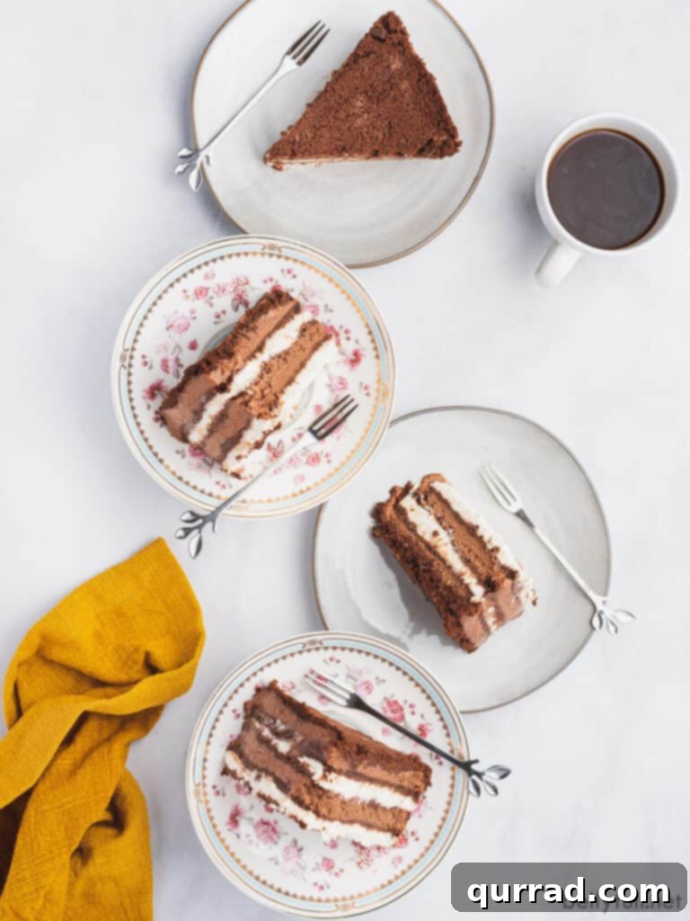 Decadent No-Bake Chocolate Delight 4 overhead picture of 4 plates with a slice of cake