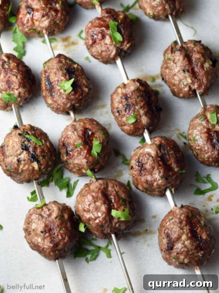 Spiced Beef Kofta Meatballs 2 overhead view of beef meatballs on metal skewers