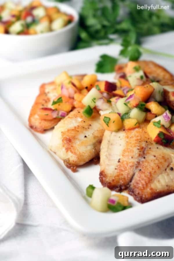 Golden Seared Tilapia with Vibrant Peach Cucumber Salsa 3 Pan Seared Tilapia fillets are topped with a fresh, bright, and simple peach and cucumber salsa. Delicious 30 minute meal!