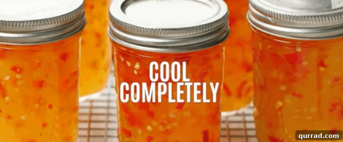 Freshly processed jars of sweet chili sauce cooling undisturbed on a wire rack after being removed from the canner.