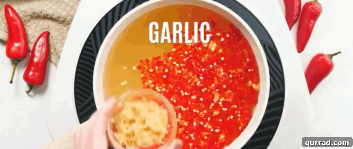 All the initial ingredients for sweet chili sauce—including water, rice wine vinegar, sugar, salt, minced peppers, and minced garlic—are combined in a saucepan and stirred before boiling.