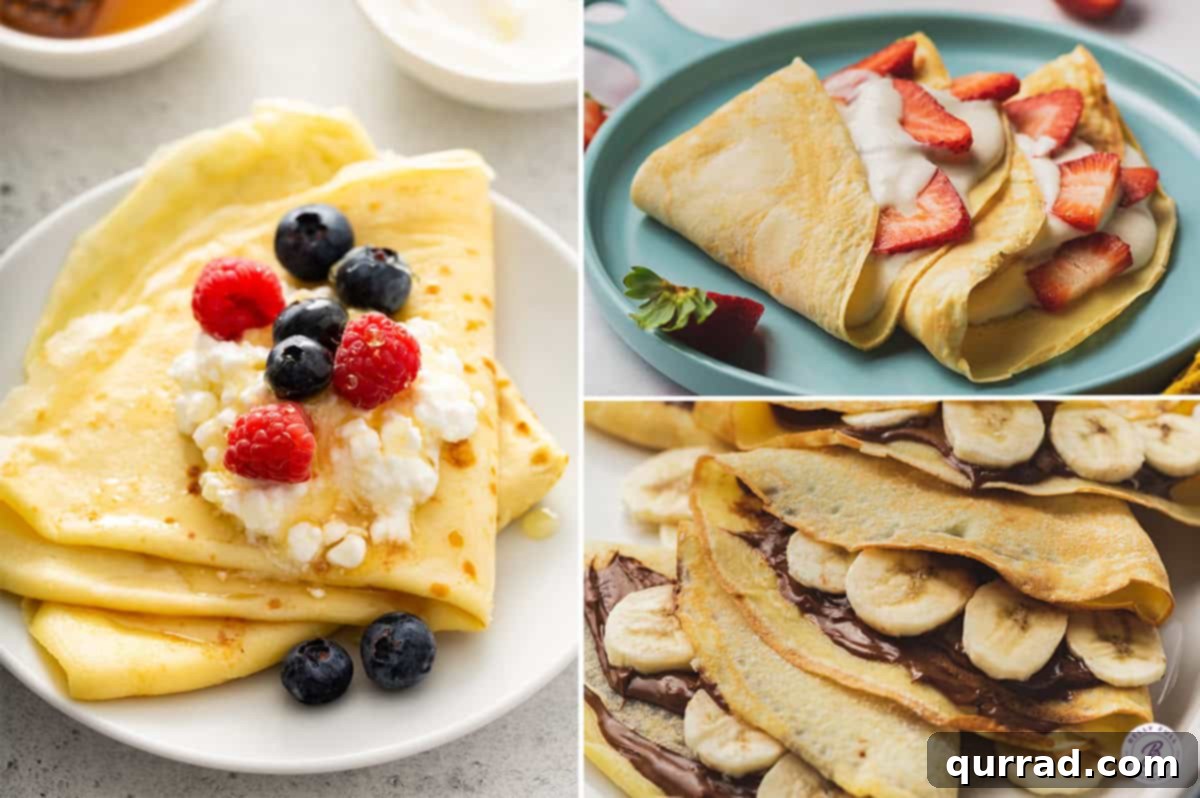 A vibrant spread of crepes adorned with Nutella, fresh strawberries, golden honey, and creamy cottage cheese, showcasing diverse topping options.