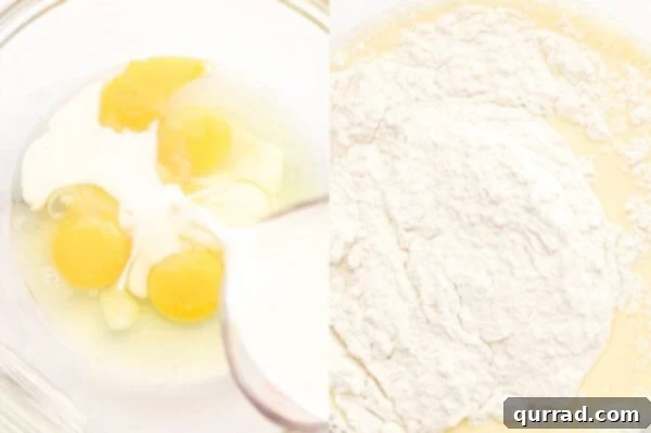 Milk, eggs, and flour being whisked together in a bowl to form crepe batter.