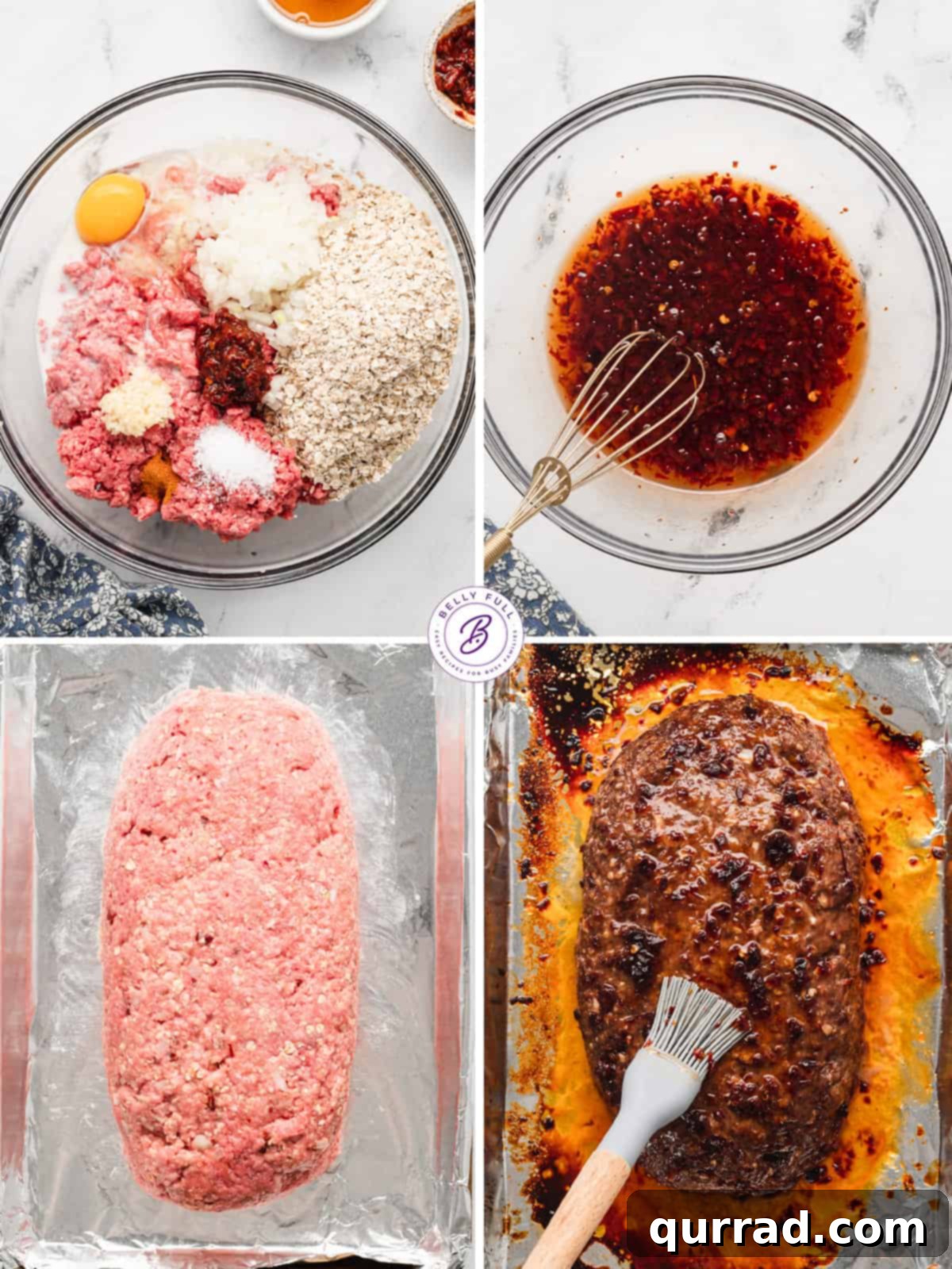 Four step-by-step images showing how to prepare and glaze a meatloaf.