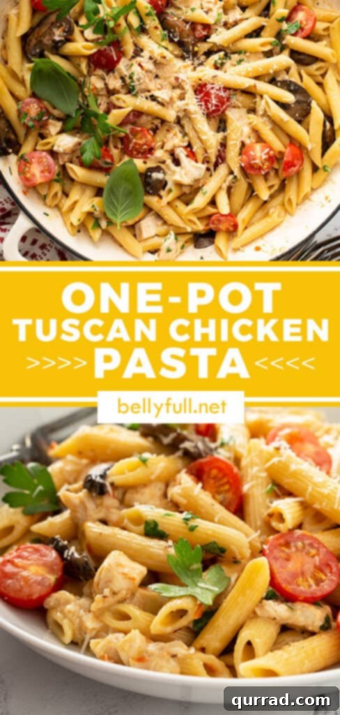 pin for Tuscan Chicken Pasta - vertical image of the dish in a white bowl