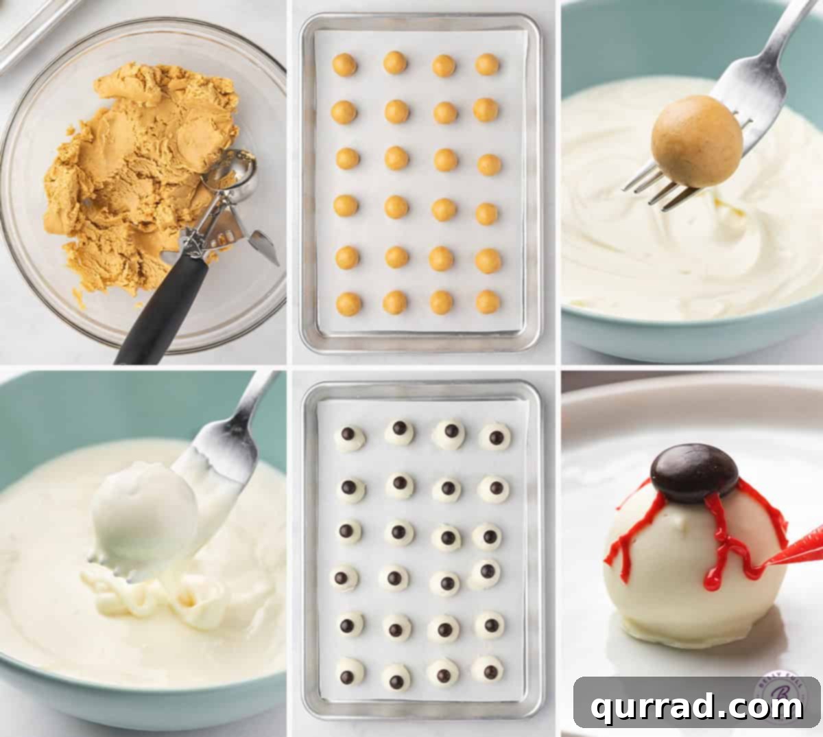 6 step-by-step images illustrating how to make Halloween Bloodshot Eyeballs Candy, from mixing to decorating.