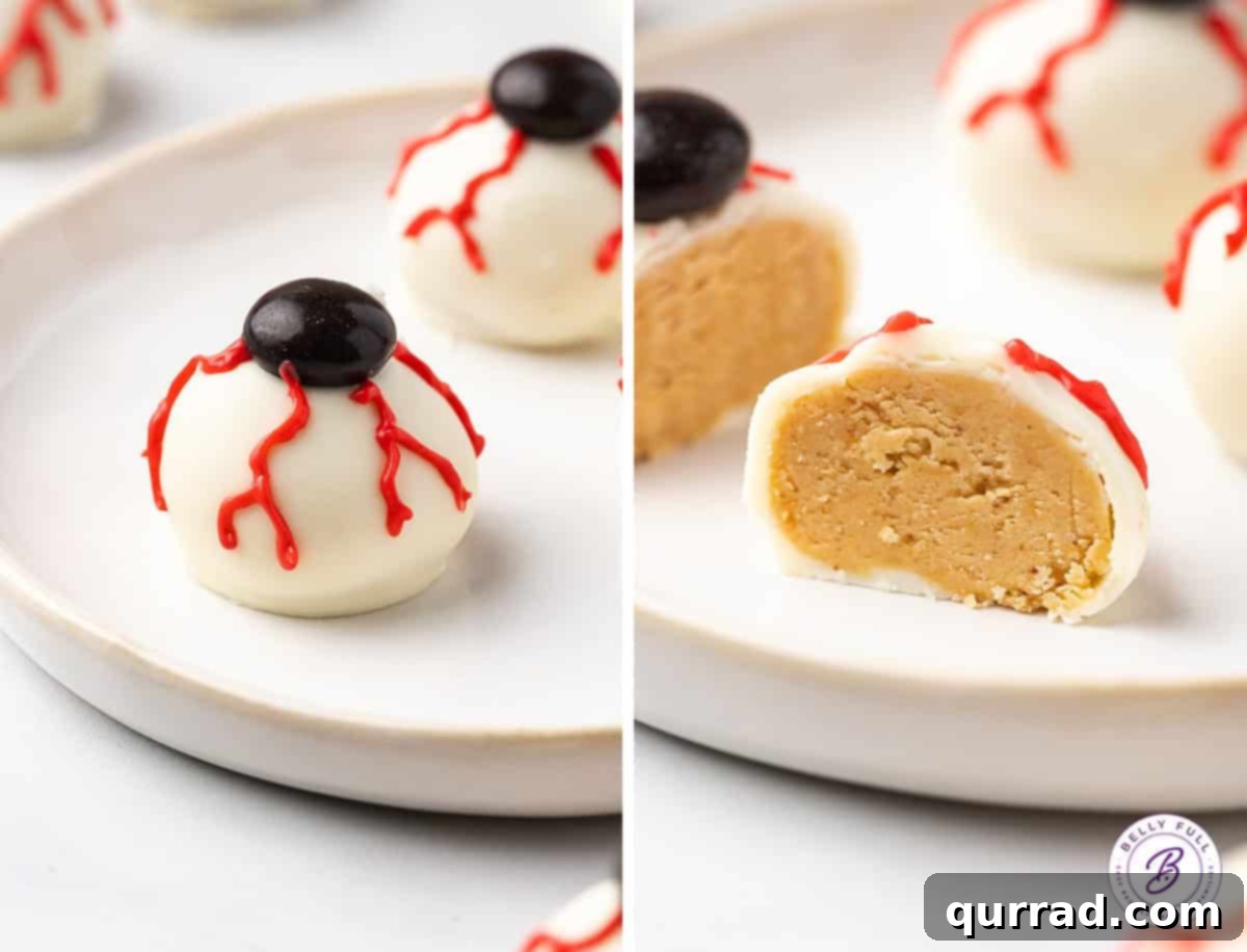 Outside and inside view of Halloween bloodshot eyes peanut butter balls, showing the creamy peanut butter center.