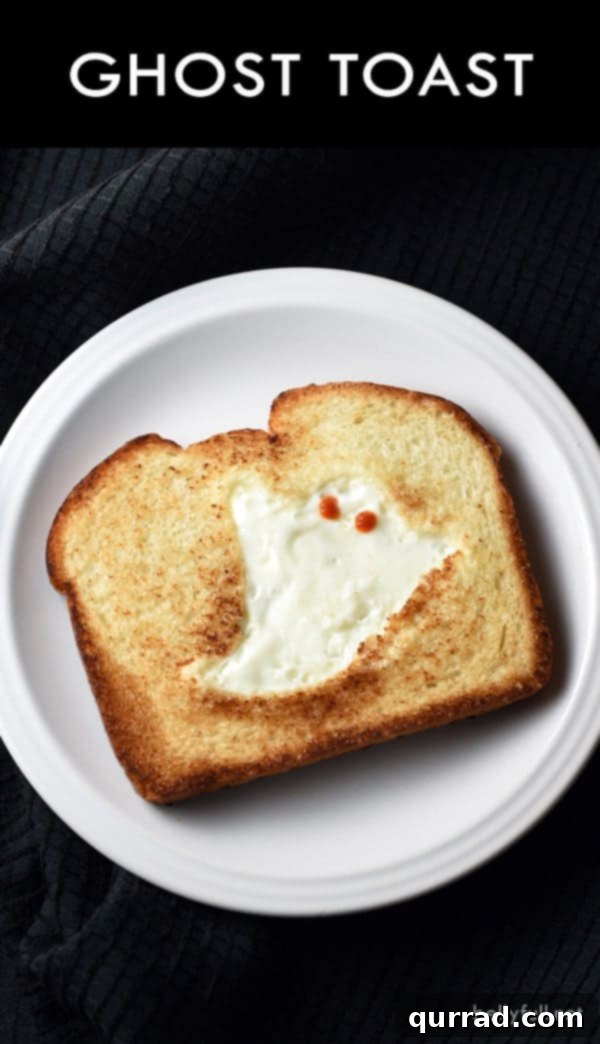 Ghost Toast: Simple ingredients like bread, butter, egg white, and Sriracha create a fun Halloween snack.