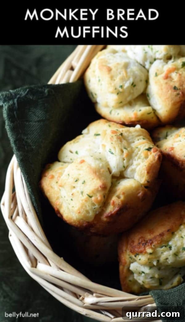 Pinterest pin for Savory Monkey Bread Muffins recipe, highlighting butter, garlic, and Parmesan