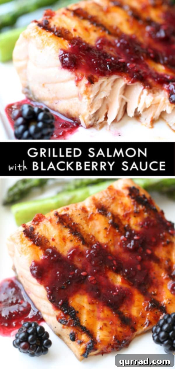 Grilled Salmon with Blackberry Sauce Beautifully plated Grilled Salmon with Blackberry Sauce, ready to be enjoyed.