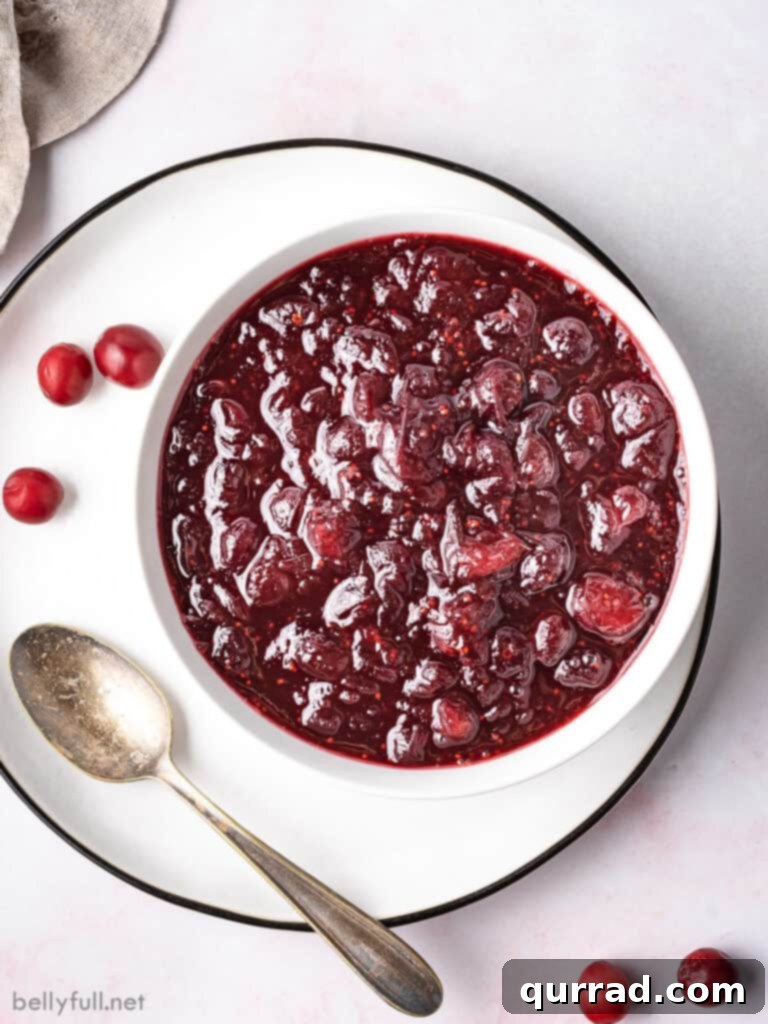 Sweet and Tart Homemade Cranberry Sauce 3 An overhead view of a bowl of homemade cranberry sauce, garnished with a spoon, highlighting its texture and inviting appearance.
