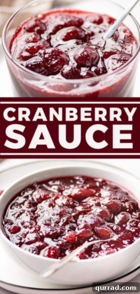 Sweet and Tart Homemade Cranberry Sauce 7 A two-image Pinterest pin showcasing homemade cranberry sauce, emphasizing its deliciousness and ease of preparation for sharing on social media.