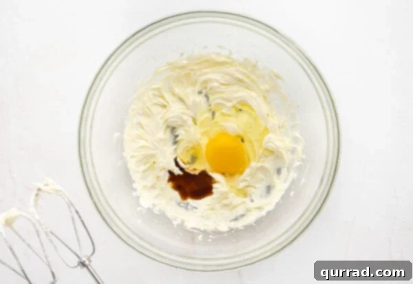 Layers of Cookie Joy 9 Vanilla extract and eggs added to creamed butter and sugar mixture in a glass mixing bowl