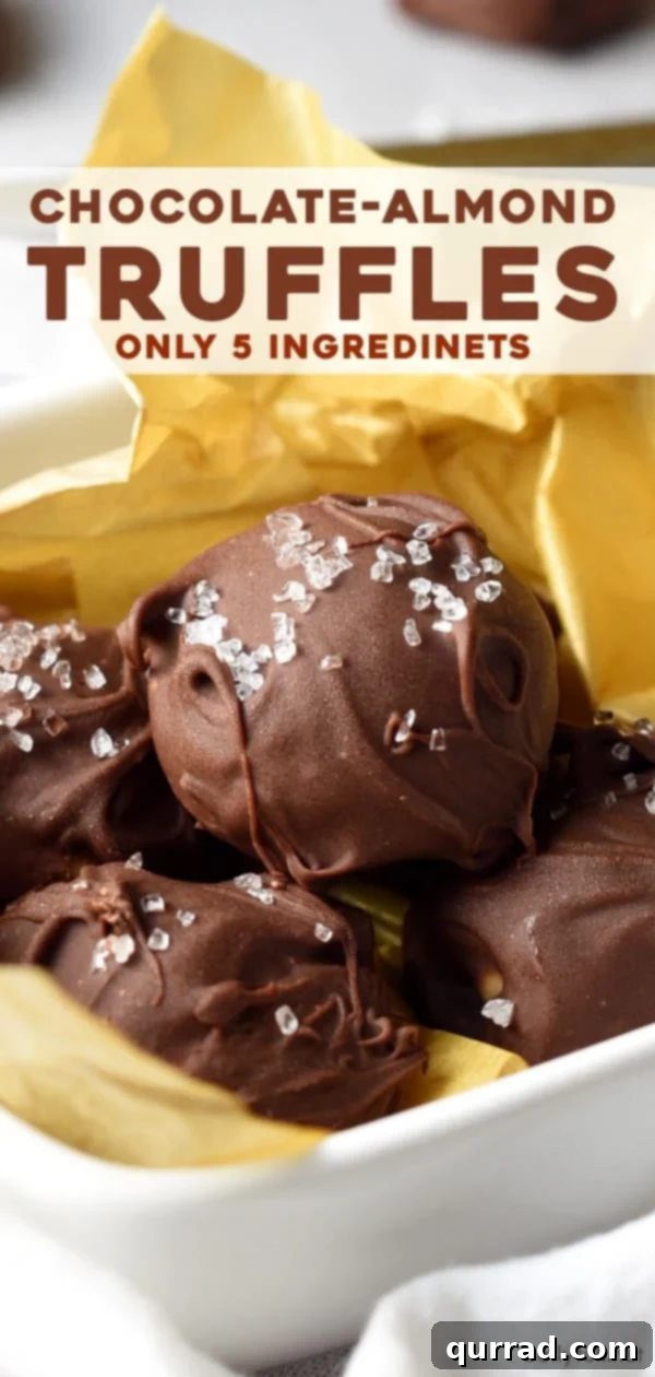 Decadent Chocolate Almond Truffles 3 Pin for chocolate truffles - a tall, vertical image of chocolate almond truffles