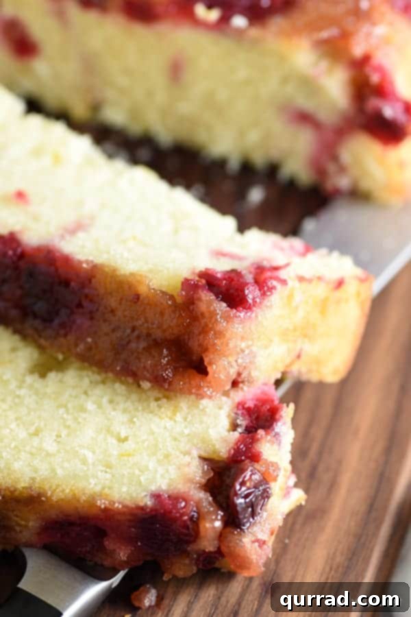 Cranberry Crown Cake 3 A tempting slice of upside down cranberry quick bread, revealing the moist interior and vibrant cranberry topping.