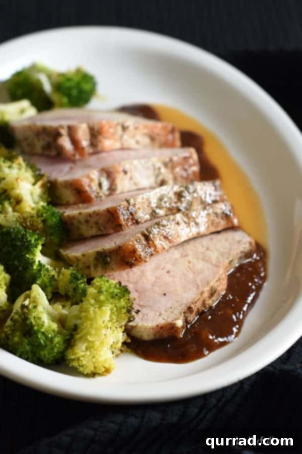 Fig-Kissed Roast Pork Loin 2 Pork loin filet is rubbed with salt, pepper, and thyme, then roasted and topped with a sublime fig sauce. Festive and simple, perfect for holiday entertaining!