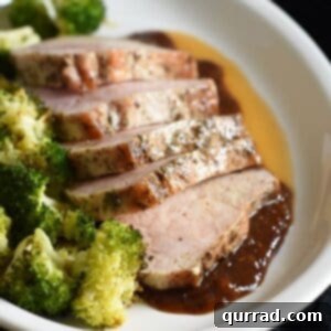 Pork loin filet is rubbed with salt, pepper, and thyme, then roasted and topped with a sublime fig sauce. Festive and simple, perfect for holiday entertaining!