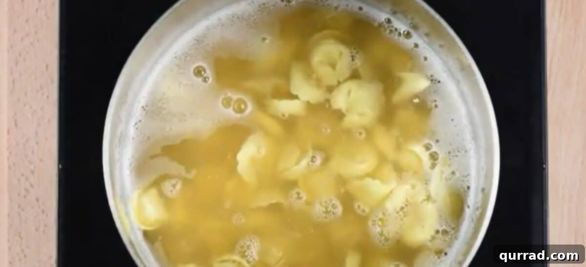 Tortellini boiling in a pot of broth. 