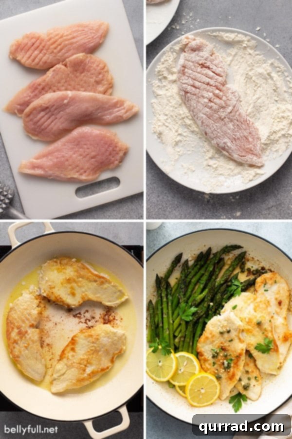 20 Minute Chicken Piccata 2 A four-picture collage showcasing key ingredients and steps for making chicken piccata: fresh lemons, capers, pan-fried chicken, and the finished dish.