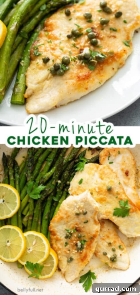 Easy Chicken Piccata Recipe Pin Pinterest pin showing two beautiful images of Chicken Piccata, highlighting its elegance and deliciousness.