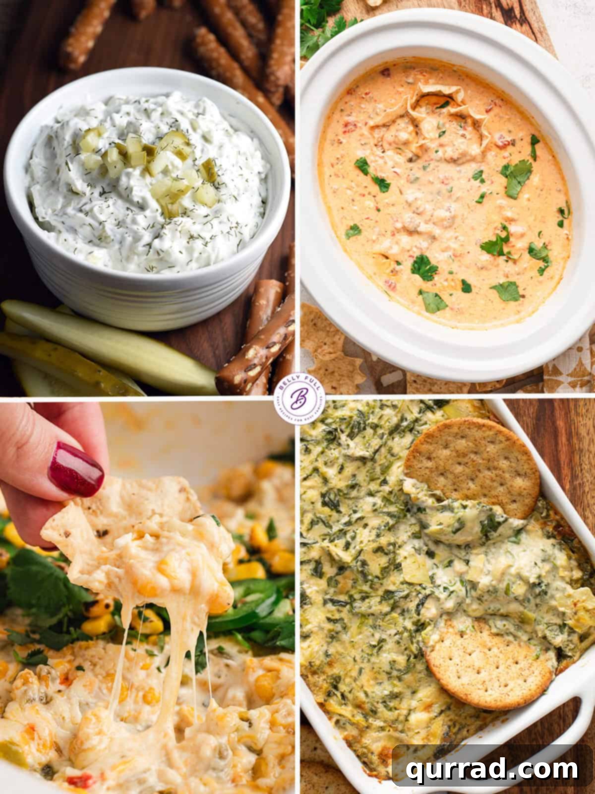 The Ultimate Game Day Spread 3 A four-image collage showcasing various savory dips like dill pickle dip, cheese dip, corn dip, and spinach artichoke dip, ideal for game day.
