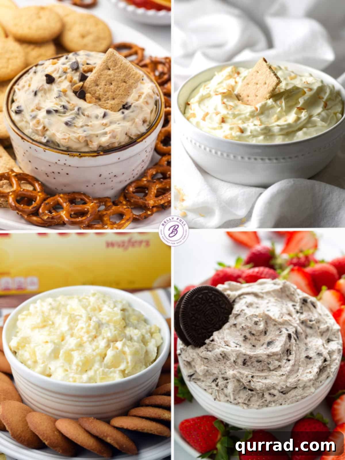 The Ultimate Game Day Spread 4 A four-image collage of sweet dips, including cookie dough dip, coconut cream pie dip, pineapple nilla dip, and Oreo dip, perfect for dessert at a game day party.