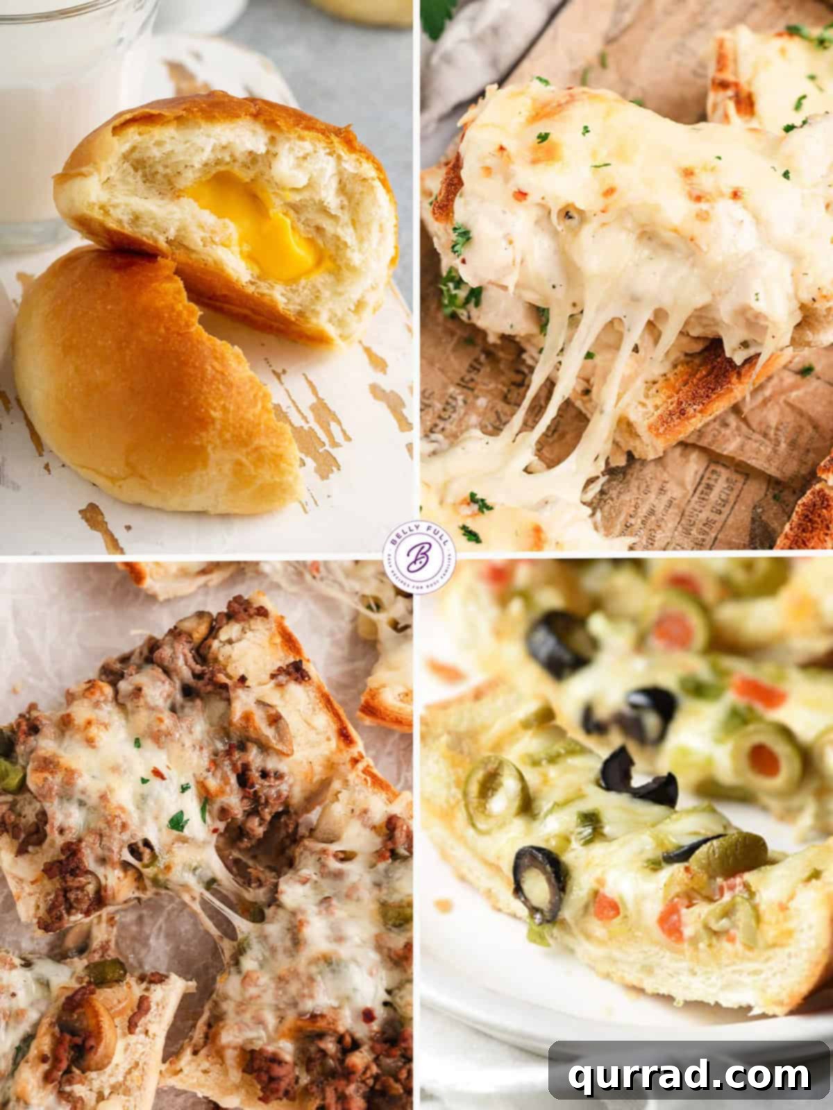 The Ultimate Game Day Spread 5 A four-image collage featuring different cheesy bread variations like cheese zombies, chicken alfredo French bread pizza, Philly cheesesteak cheesy bread, and olive cheese bread.