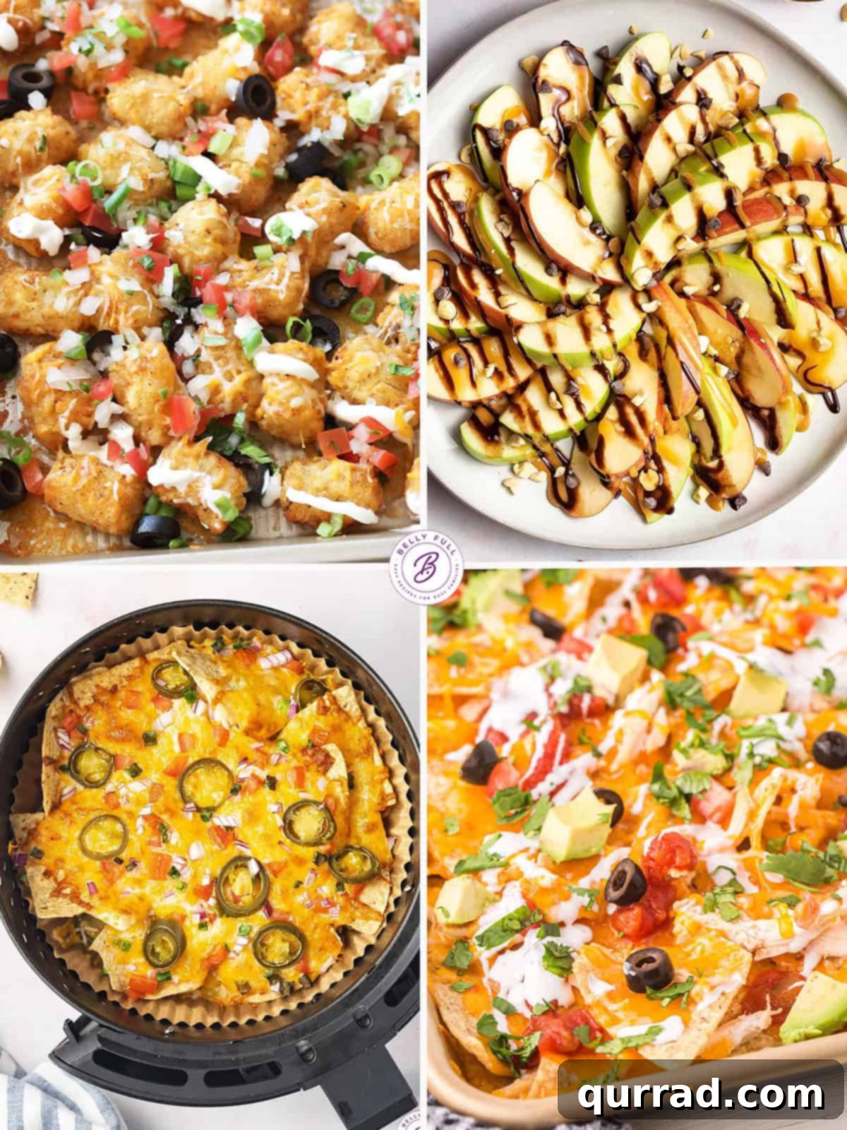 The Ultimate Game Day Spread 6 A four-image collage displaying diverse nacho creations: caramel apple nachos, savory chicken nachos, quick air fryer nachos, and crispy tater tot nachos (totchos).