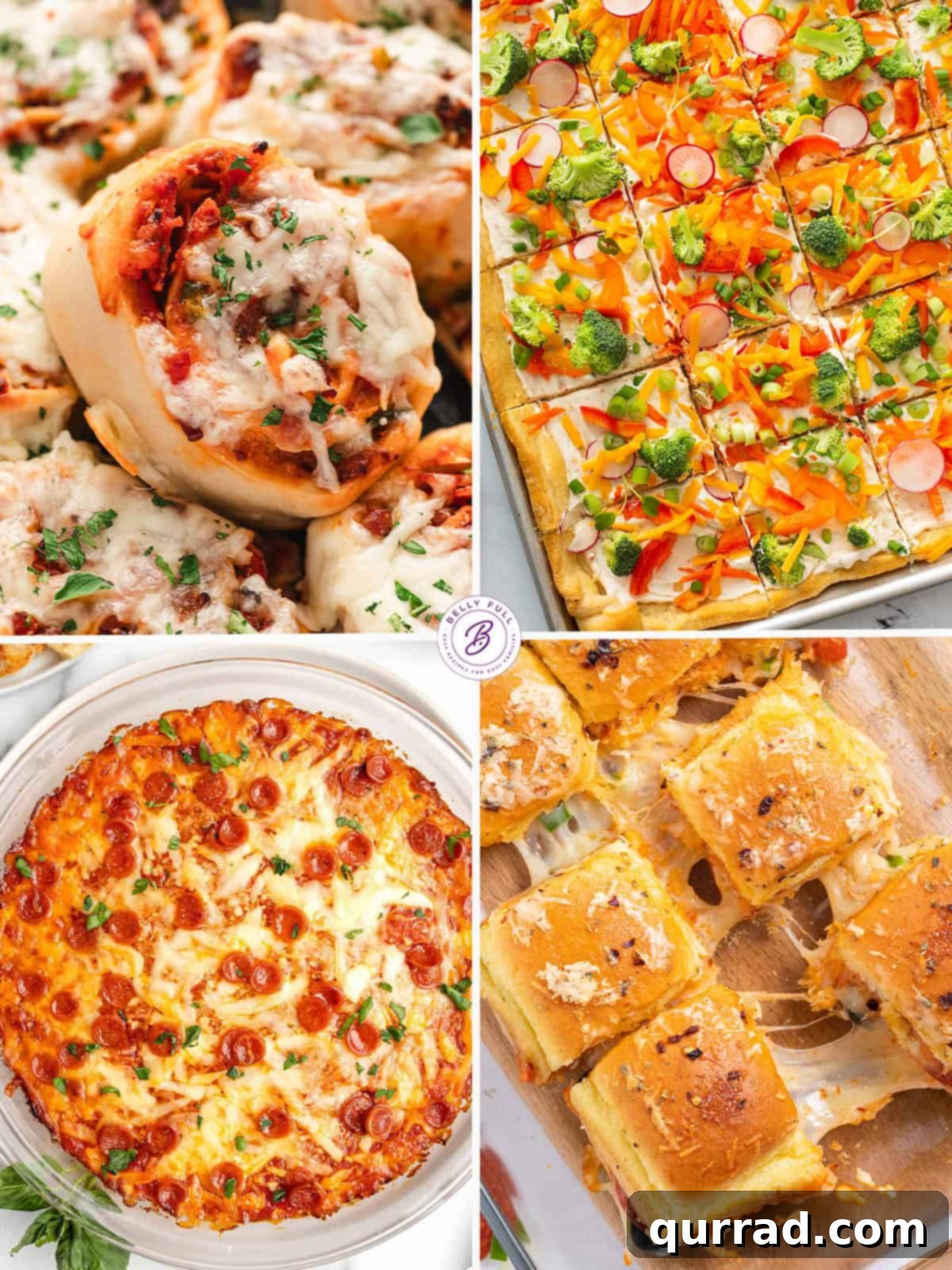 The Ultimate Game Day Spread 7 A four-image collage of pizza variations: cheesy supreme pizza rolls, pizza supreme sliders, a bubbly pizza dip, and a colorful cold veggie pizza.