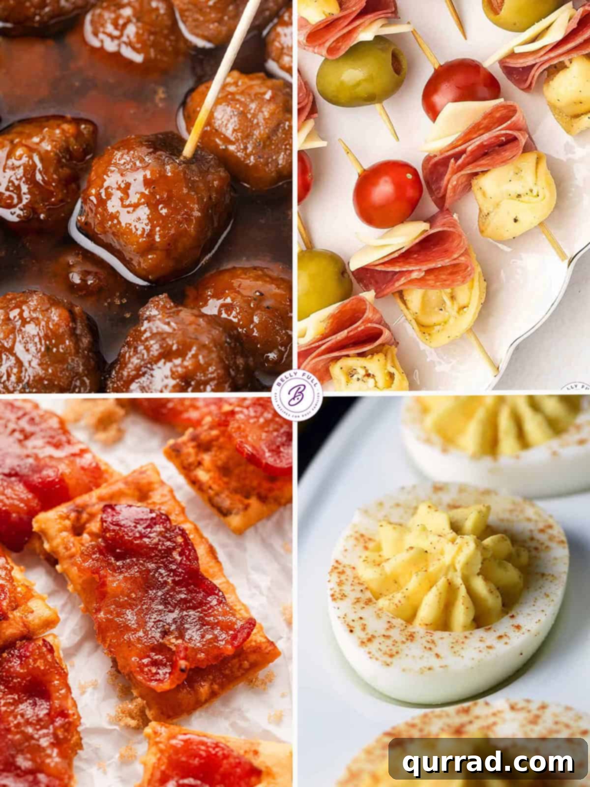 The Ultimate Game Day Spread 8 A four-image collage featuring classic game day finger foods: savory grape jelly meatballs, vibrant mini tortellini kabobs, addictive bacon crackers, and elegant deviled eggs.