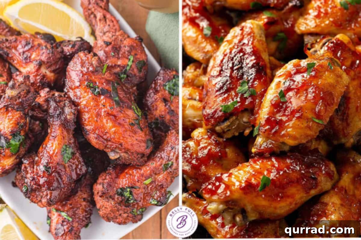 The Ultimate Game Day Spread 9 A two-image collage showcasing flavorful tandoori chicken wings and sweet Caribbean pineapple baked chicken wings, perfect for game day appetizers.