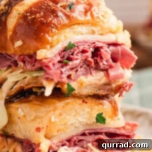 close up side angle view of Reuben Pretzel Sliders