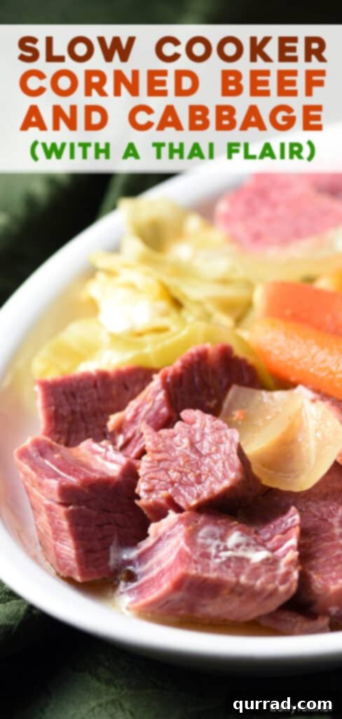 Thai Twist on Corned Beef and Cabbage 4 Long Pinterest pin for Thai Slow Cooker Corned Beef and Cabbage recipe, featuring a collage of the dish and ingredients.