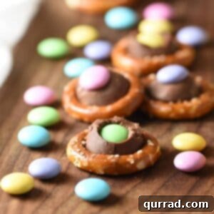 Effortless Easter and Spring Delights 10 Easy sweet and salty Easter Pretzel Rings with a Hershey’s kiss and pastel M&Ms