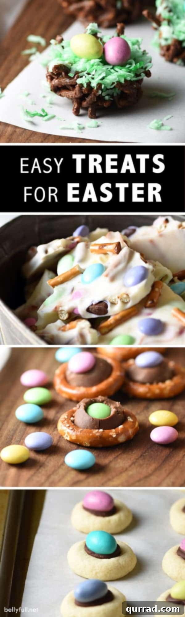 Super easy treats for springtime and Easter! Including Chocolate Pretzel Bark, Bird's Nests, Thumbprint Cookies, and M&M Pretzel Rings. #eastertreats #eastertreatseasy #eastertreatsforkids #easternobaketreats #easterchocolatebark #easterbirdsnest #easterthumbprintcookies A beautiful picture collage showcasing Easter chocolate bark, Easter thumbprint cookies, and Easter Bird's Nests, all easy and delicious treats for spring and Easter celebrations.