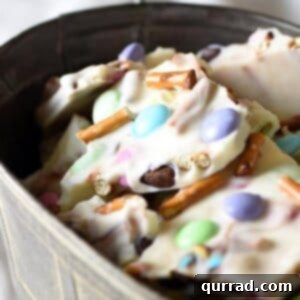 Effortless Easter and Spring Delights 4 Easter Pretzel Chocolate Bark with white chocolate, pretzels, and pastel M&Ms