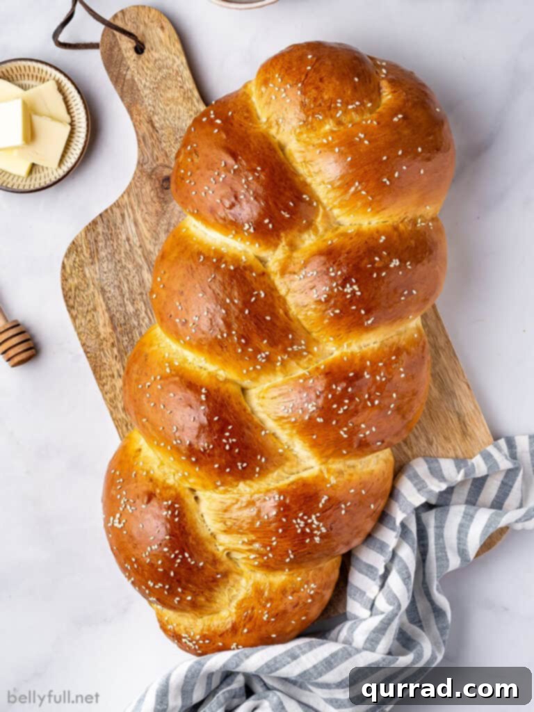 Golden Braided Challah 2 overhead whole loaf of 3 strand braided challah bread