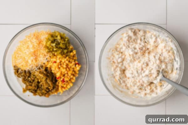 Corn, chopped chiles, and shredded cheese mixed into the creamy base in a bowl.