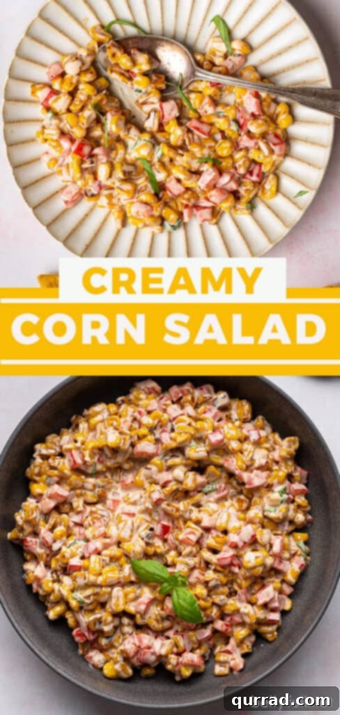Vibrant Summer Corn Salad 6 Pin image for Creamy Summer Corn Salad recipe, featuring the salad on a decorative plate.