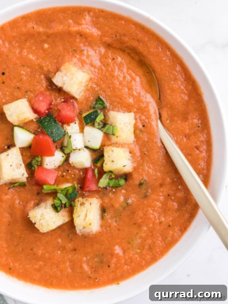 close up overhead of Gazpacho soup