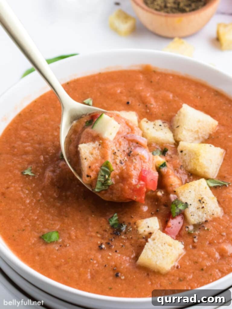 spoon full of vegetable soup over bowl with croutons