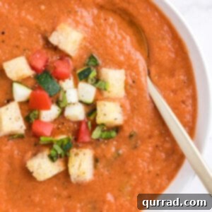 close up overhead of Gazpacho soup
