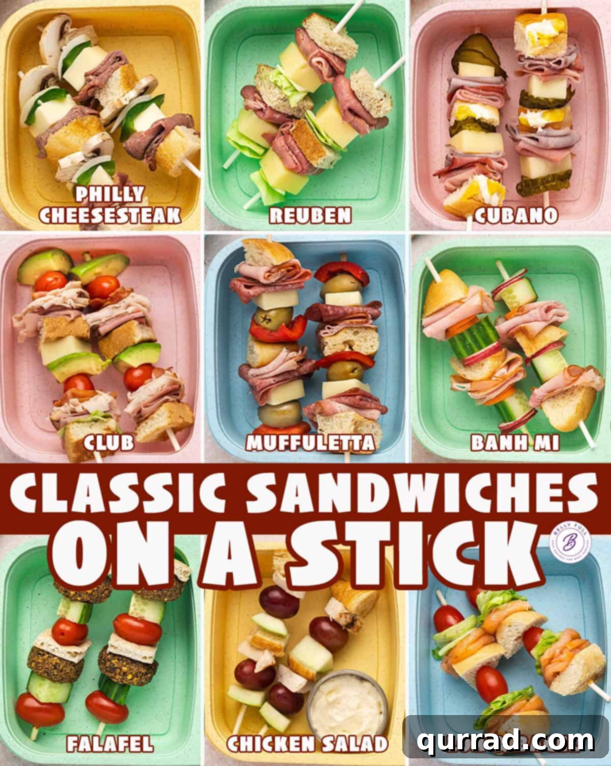 Skewered Sandwich Classics 2 Assortment of classic sandwiches on a stick in school lunch boxes, showcasing varieties like Club, Reuben, and Muffuletta.
