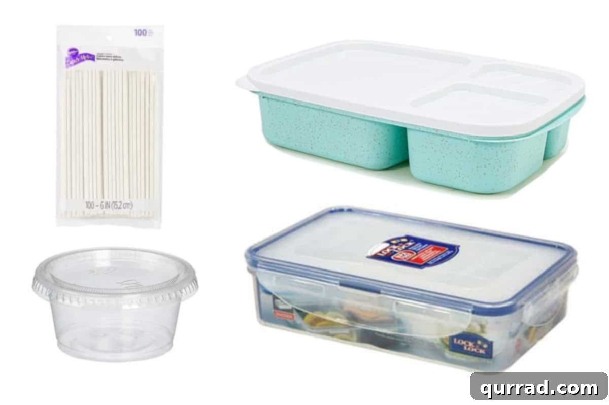 Skewered Sandwich Classics 14 Collection of lunchbox tools including 6-inch lollipop sticks, 2-ounce condiment cups with lids, and a 3-cup rectangular container.