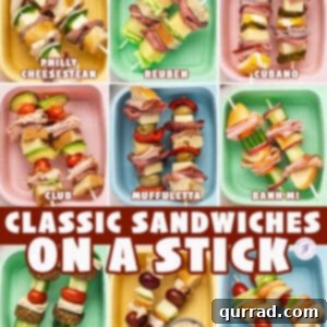 Skewered Sandwich Classics 3 An overhead view of various classic sandwiches on a stick, neatly arranged in a lunchbox with a side of dipping sauce.