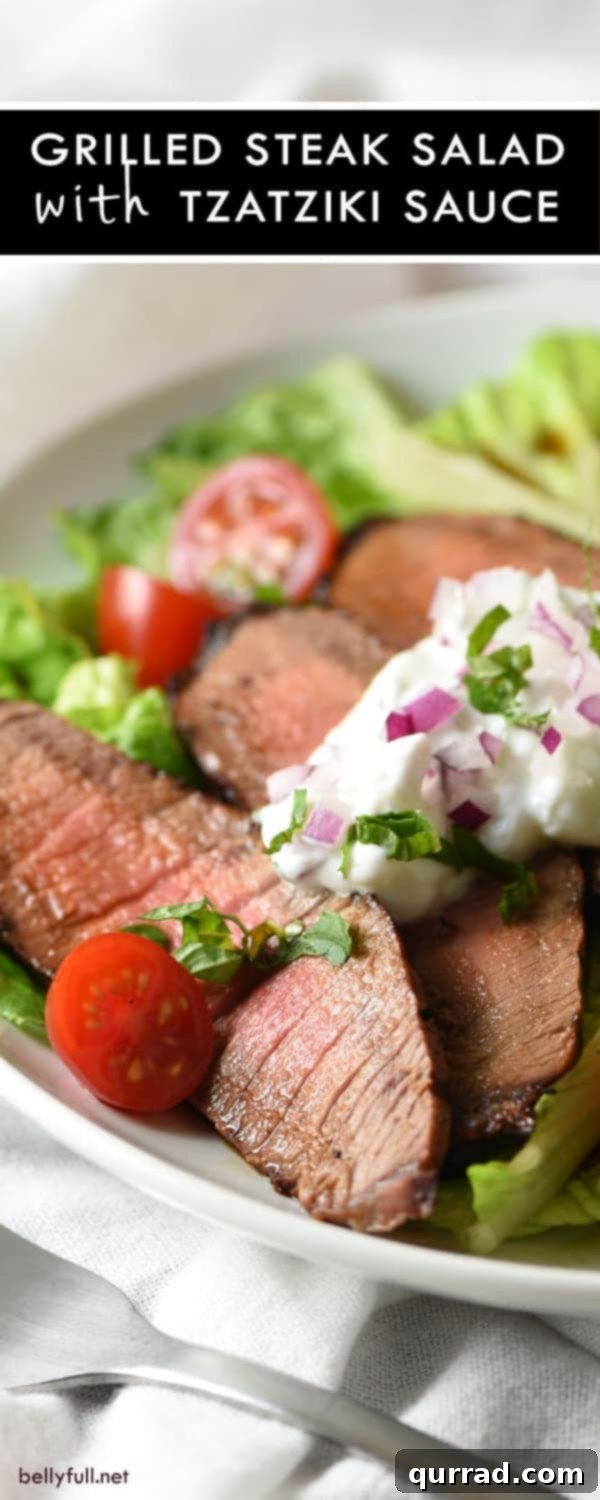 Mediterranean Steak & Greens with Cooling Tzatziki 3 Grilled Steak Salad with Tzatziki Sauce - tender marinated steak is served on top of salad with a light and refreshing yogurt sauce for an easy, low-calorie meal!