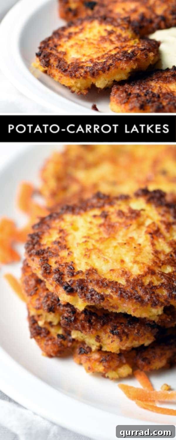 Serving Potato Carrot Latkes with Sour Cream A single, perfectly fried Potato Carrot Latke with a dollop of sour cream and a sprig of dill, ready for a bite.