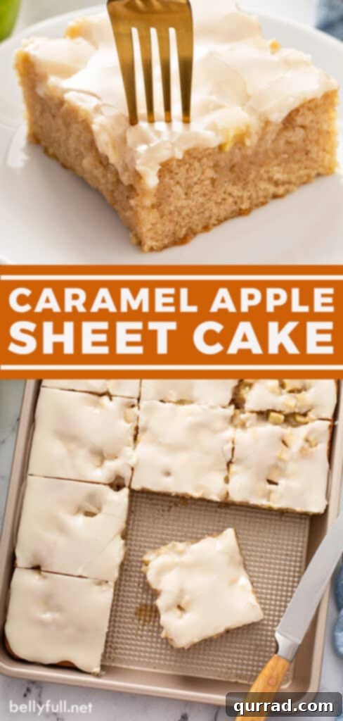Autumn Apple Caramel Slab 7 Pinterest graphic featuring a slice of caramel apple sheet cake, encouraging users to pin the recipe.