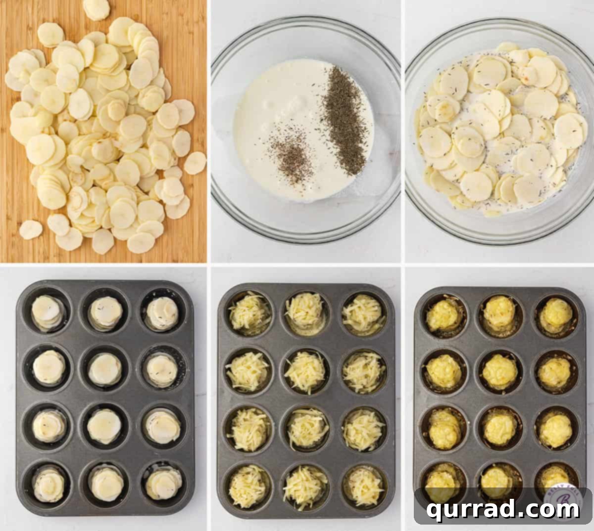 Six step-by-step images showing the process of making Potato Stacks, from slicing to stacking and baking.
