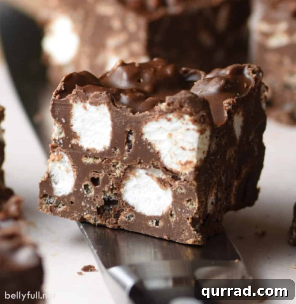 Loaded No-Bake Rocky Road Bars 4 close-up image of a single rocky road cereal bar square, showcasing its textured surface